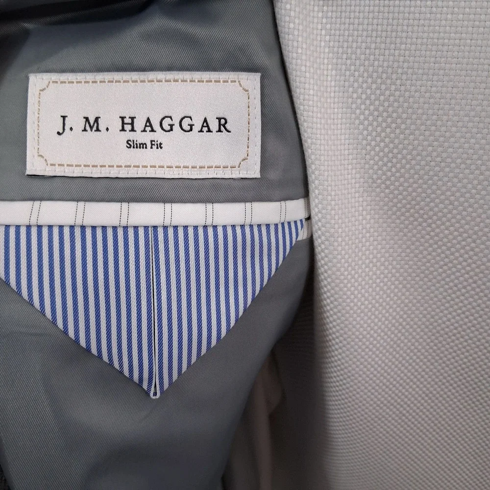 J.M. Haggar Blazer Men 44R Light Gray Glen Plaid Slim Fit Two Button Double Vent